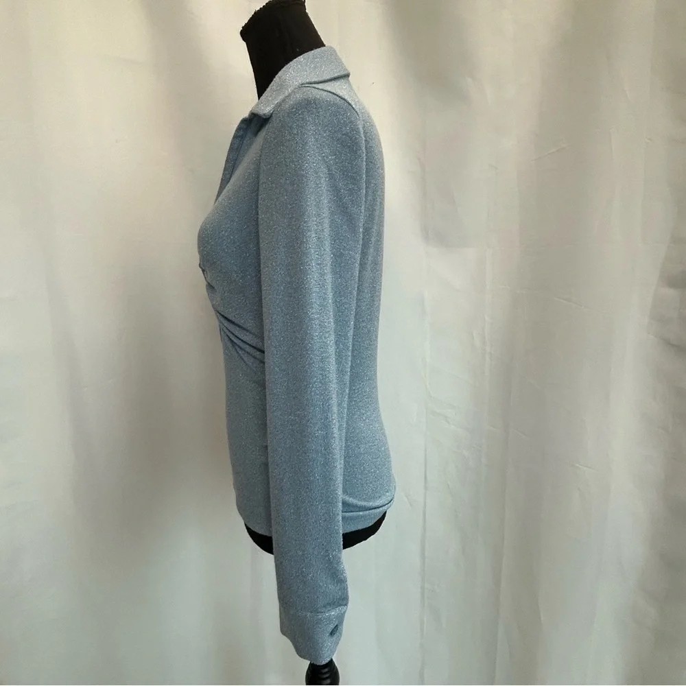 Zara light blue shimmer metallic glitter long sleeve keyhole collared blouse top - Picture 6 of 16